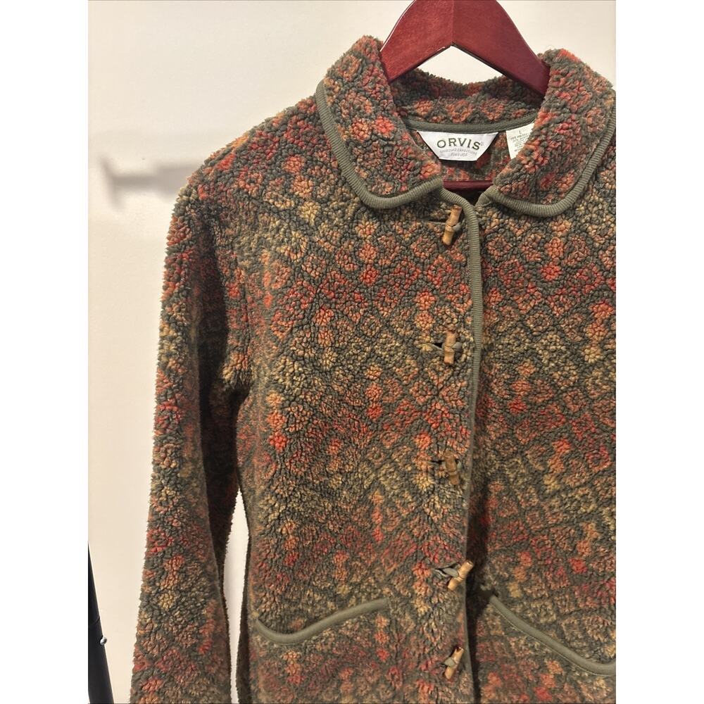 Orvis Sherpa Fleece Jacket Womens Large Green Orange Toggle Front Pockets Knit